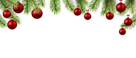 Hanging red Christmas balls with spruce branches. Vector holiday illustration.のイラスト素材