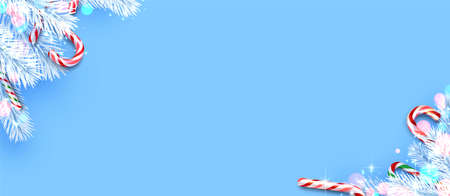Candy canes with white fir branches frame on blue background with bokeh lights. For cards, invitation, flyer, leaflet. Space for text. Vector holiday illustration.のイラスト素材