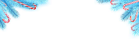 Blue spruce branches with candy canes. Space for text. Vector holiday illustration.のイラスト素材