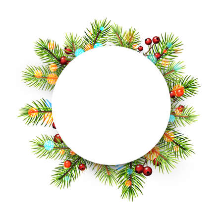 Spruce branches with red berries and bokeh lights. Round frame. Space for text. Vector holiday illustration.のイラスト素材