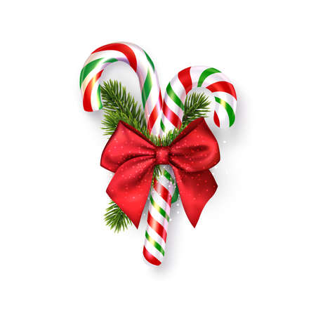 Two striped candy cane sticks with fir branch and red bow. Vector holiday illustration.のイラスト素材