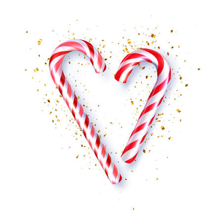 Red and white striped candy cane sticks heart shape. Golden confetti. Vector illustration.のイラスト素材