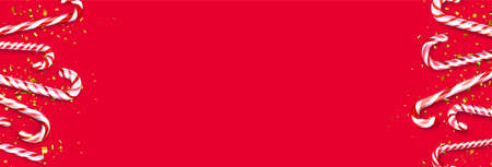 Red and white striped candy cane sticks frame on red background. Space for text. Vector illustration.のイラスト素材