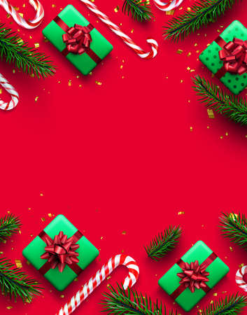 Red and white striped candy cane sticks with fir branches and gift boxes. Red background. Space for text. Vector illustration.のイラスト素材