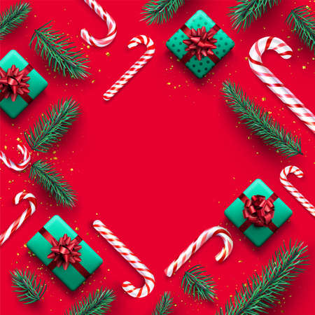 Red and white striped candy cane sticks with fir branches and gift boxes. Red background. Space for text. Vector illustration.のイラスト素材