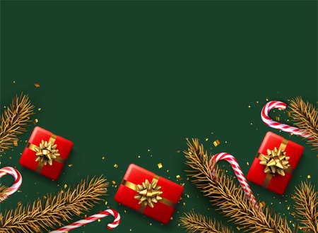 Striped candy cane sticks with golden spruce branch and gift box. Space for text. Vector illustration.のイラスト素材