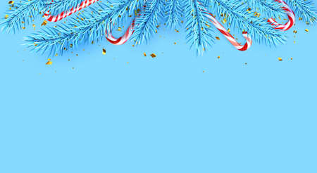 Striped candy cane sticks with blue fir branches border. Space for text. Vector illustration.のイラスト素材