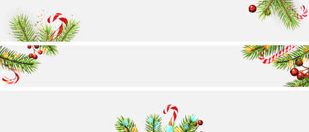 Set of banners with green fir branches, confetti, red berries and candy cane sticks. Light gray background. Space for text. Vector illustration.のイラスト素材