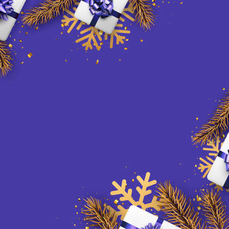Christmas and New Year purple vertical background. Golden fir, big snowflakes, gift box, confetti. For flyer, poster, leaflet. Top view. Space for text. Vector illustration.のイラスト素材
