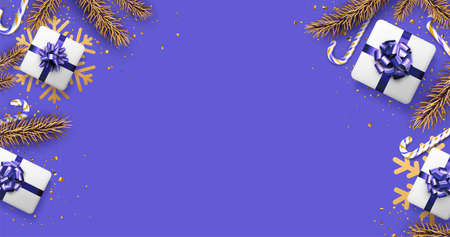 Christmas and New Year purple horizontal background. Golden fir, gift box, candy cane, confetti. Top view. Space for text. Vector illustration.のイラスト素材