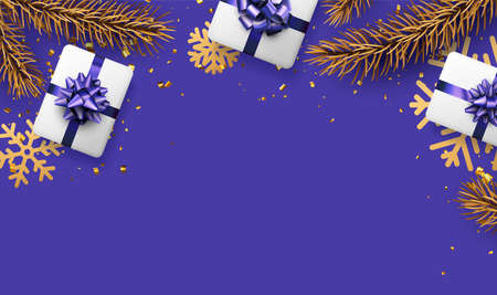Christmas and New Year purple background. Golden fir, big snowflakes and confetti. White gift box with bow. Space for text. Vector illustration.のイラスト素材