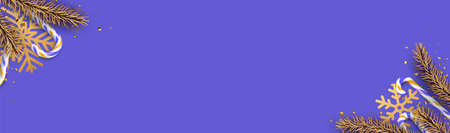Christmas and New Year purple horizontal background. Golden fir, snowflake, candy cane, confetti. Top view. Space for text. Vector illustration.のイラスト素材