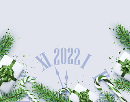 Christmas and New Year horizontal background. Green fir, candy cane, gift box. Clock showing 2022. Vector illustration.のイラスト素材