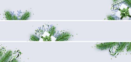 Set of Christmas and New Year banners. Green fir, snowflake, candy cane, gift box. Top view. Space for text. Vector illustration.のイラスト素材