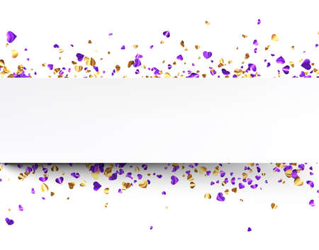Purple and golden foil hearts confetti with empty line for text. Wedding, birthday, Valentine's Day. Vector holiday illustration.のイラスト素材