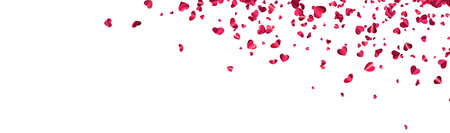 Pink foil hearts confetti on white banner background with space for text. Wedding, birthday, Valentine's Day. Vector holiday illustration.のイラスト素材