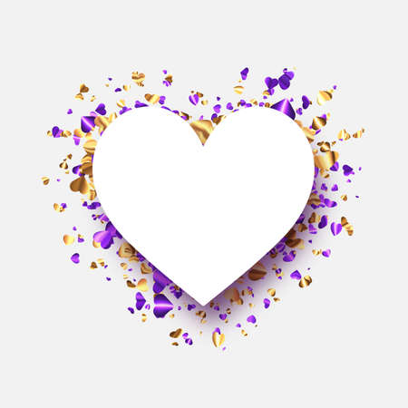 Golden and purple foil hearts confetti heart shape frame with space for text. Wedding, birthday, Valentine's Day. Vector holiday illustration.のイラスト素材