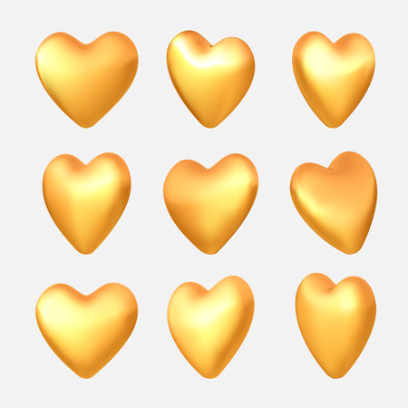 Set of yellow 3d hearts balloons. Wedding, birthday, Valentine's Day element. Vector holiday illustration.のイラスト素材