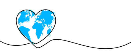 Single line drawn heart shape with world map. Vector illustration.のイラスト素材