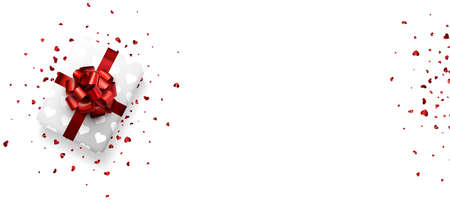 White gift box with beautiful red bow. Banner with red foil confetti for Valentine's day. vector illustration.のイラスト素材