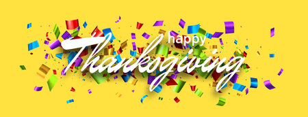 Happy thanksgiving sign over colorful cut ribbon confetti on yellow background. Vector illustration.のイラスト素材