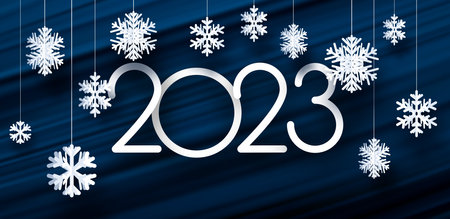 2023 sign with hanging paper snowflakes decoration. Blue brush stroke background.のイラスト素材