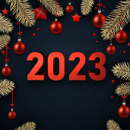 Red 2023 sign with fir branches, red stars and baubles on black background.のイラスト素材