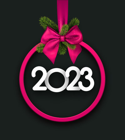 Hanging pink christmas bauble outline with 2023 sign. Green fir in bow.のイラスト素材