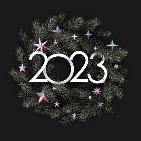 2023 sign on green fir wreath with bronze stars on black background.