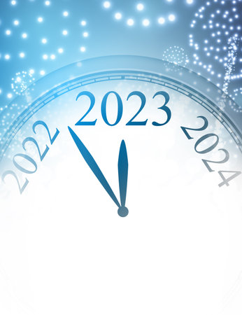 Blue and white Christmas clock showing 2023 with firework and snow. Space for text.のイラスト素材