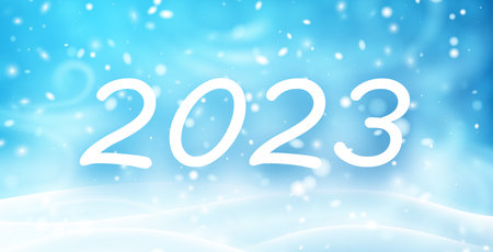 2023 sign on blue night sky with snow bokeh lights background.