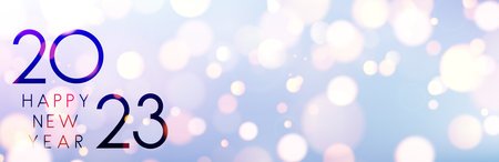 Banner with 2023 happy new year sign on sweaty grass on colorful bokeh lights background. Space for...