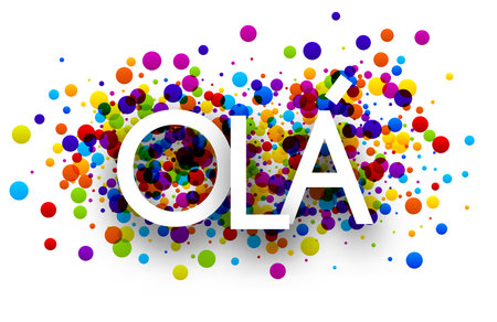 Ola sign on colorful round confetti background. Vector illustration.のイラスト素材