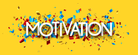Motivation sign on cut ribbon confetti yellow background. Vector illustration.