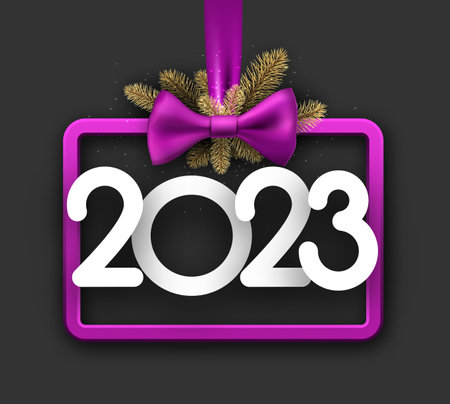 2023 sign in purple square bauble frame with bow and fir on black background.のイラスト素材