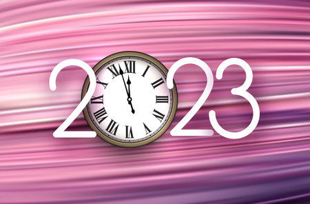 2023 sign with clock showing midnight on pink gradient brush strokes background.