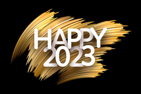 Happy 2023 sign on yellow brush strokes background.