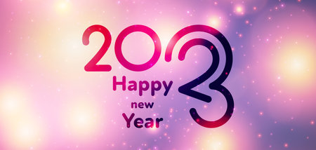 Banner with 2023 happy new year sign on fogged glass. Purple bokeh background.