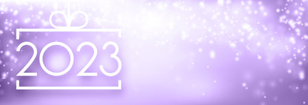 Banner with 2023 sign in square bauble frame on purple background with space for text.