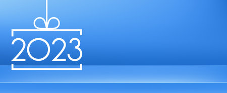 Banner with 2023 sign in square bauble frame with bow on blue background. Space for text.