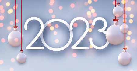 2023 sign in with white hanging baubles on blue background with bokeh. Vector holiday illustration.