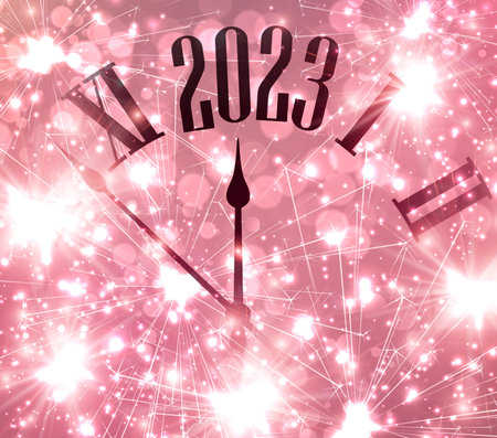 Clock showing 2023 on pink background with bokeh and fireworks.