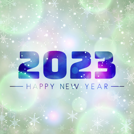2023 happy new year sign on fogged glass on green bokeh background with snowflakes.