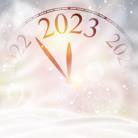 Half hidden clock showing 2023 with snow and snowdrift. Space for text.