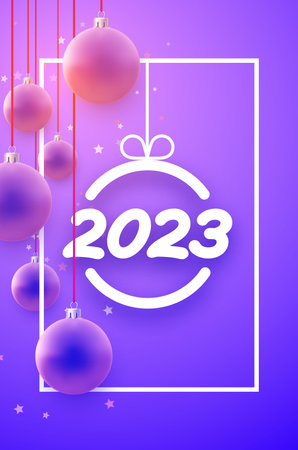 2023 sign and realistic hanging purple christmas baubles with stars confetti.