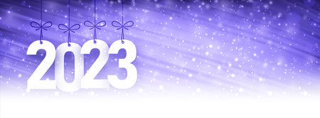 Banner with hanging 2023 sign with bows on purple brush strokes background. Space for text.