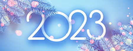 2023 sign with blue fir branches and bokeh. Vector holiday illustration.
