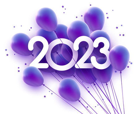 2023 sign over violet balloons and stars confetti. Vector holiday illustration.のイラスト素材