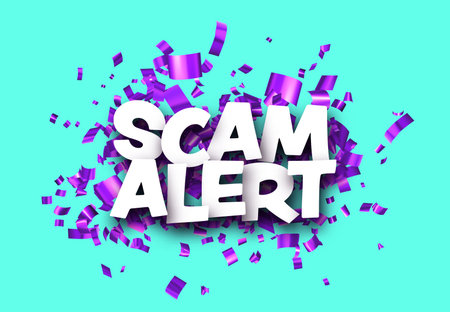 Scam alert sign with purple cut out ribbon confetti background. Design element. Vector illustration.のイラスト素材