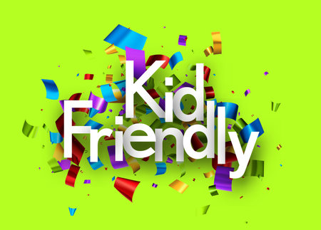 Kid friendly sign with colorful cut out foil ribbon confetti background. Design element. Vector illustration.のイラスト素材